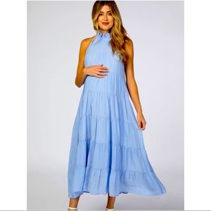 PinkBlush Maternity dress - Light Blue Tiered High Neck Maxi - Size S
